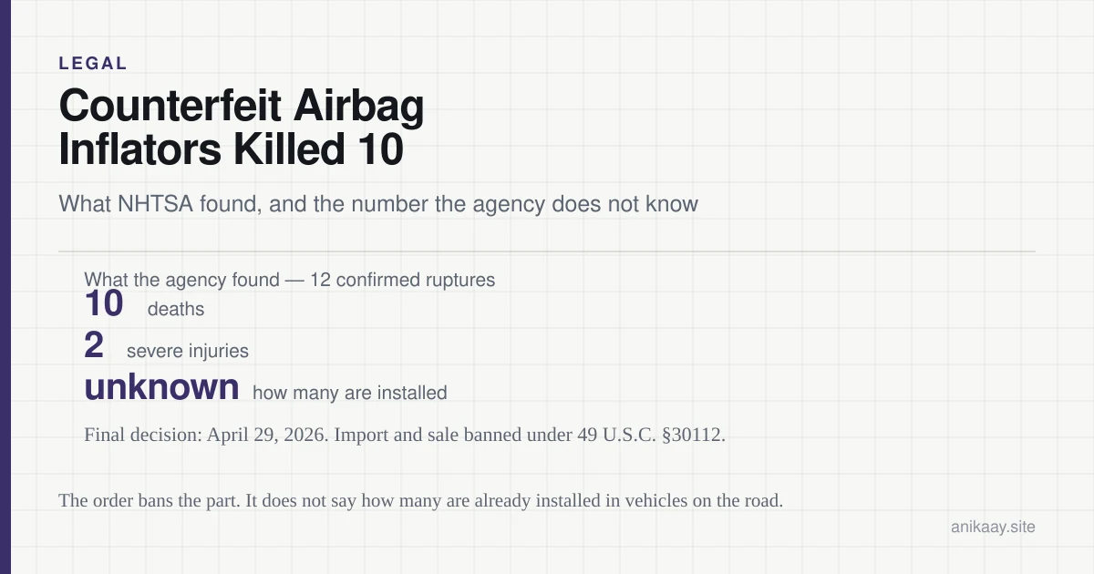 Figure showing NHTSA's April 2026 findings on DTN60DB inflators: 12 confirmed ruptures causing 10 deaths and 2 severe injuries, with no estimate of how many inflators are installed.