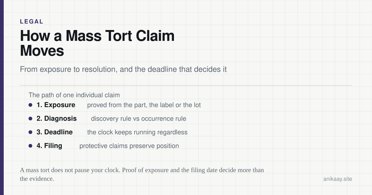 Timeline of an individual mass-tort claim: exposure, diagnosis, filing deadline, and resolution, showing the limitation period running from first exposure rather than from diagnosis.