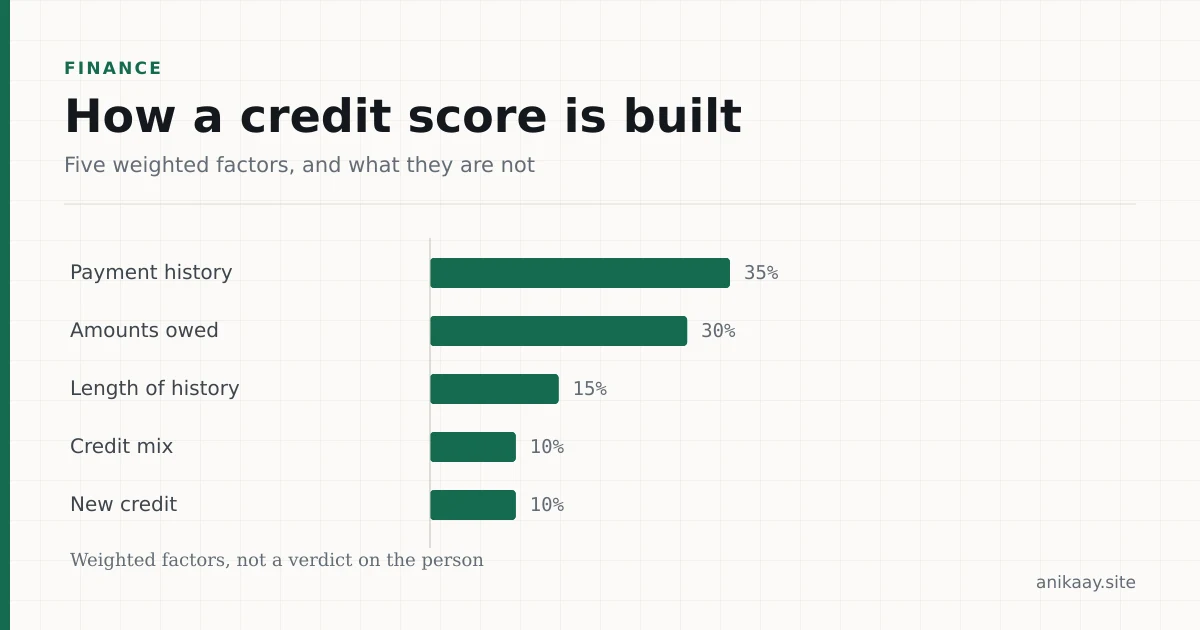 Diagram of the five weighted factors in a credit score: payment history at 35 percent, amounts owed at 30, length of history at 15, credit mix at 10 and new credit at 10.